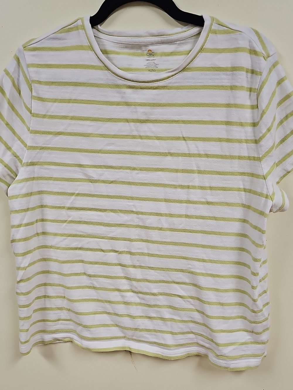 J3🔹️C&C California White Tee with Pale Green Stripes - Short Sleeve